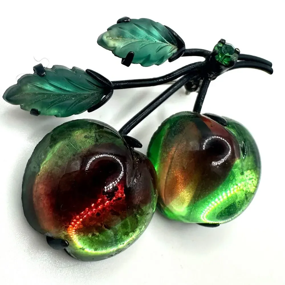Vintage black japanned gunmetal green red fruits art glass leaves brooch